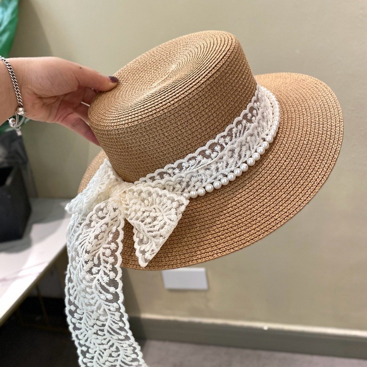 Womens Wide Brim Straw Sun Hat with Lace Bow and Pearl Band